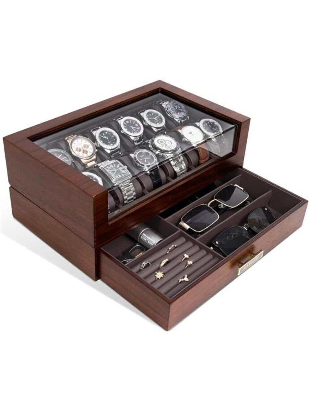 Luxury Wooden Watch Box 12 Slot Display Case With Drawer For Men Jewelry